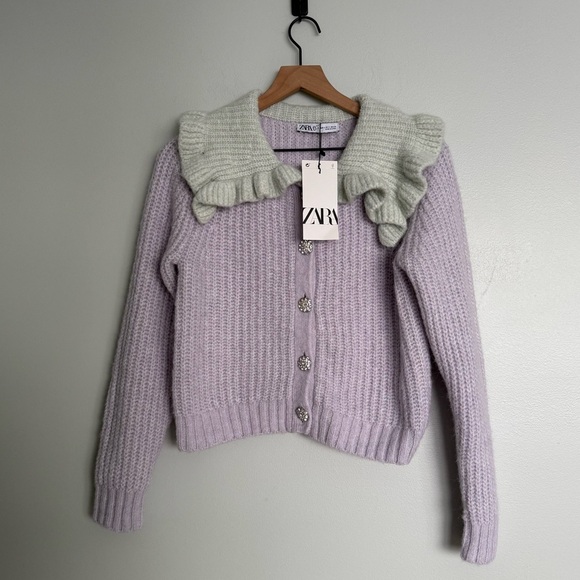 Zara Combination Bib Lapel Collar Knit Wool Blend Cardigan - Picture 2 of 5